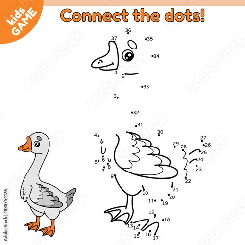 Dot to dot kids game with farm goose. Connect the dots by numbers, draw a cartoon goose and color it. Educational puzzle for preschool and school children. Vector baby illustration of farm bird.