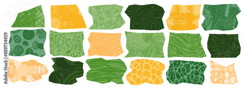 Abstract design green rectangle frame on paper, organic shapes and irregular edges. Geometric forms and nature-inspired crayon scribble textures create a collage of landscape, patchwork illustration