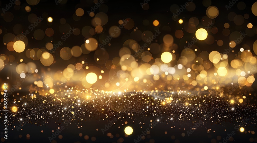 Golden glitter particles flowing in a wave pattern against a black background. Luxurious and celebratory concept. Golden glitter particles flowing in a wave pattern against a black background. Luxurious and celebratory concept.