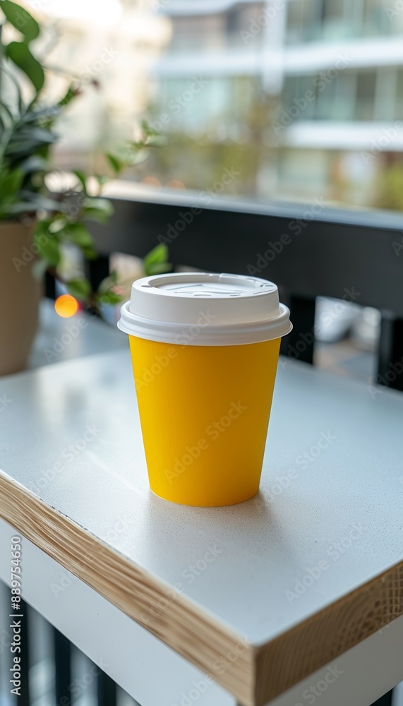 Vibrant Yellow Paper Coffee Cup on a Balcony Desk Minimalist Morning Beverage Mockup Vibrant Yellow Paper Coffee Cup on a Balcony Desk Minimalist Morning Beverage Mockup