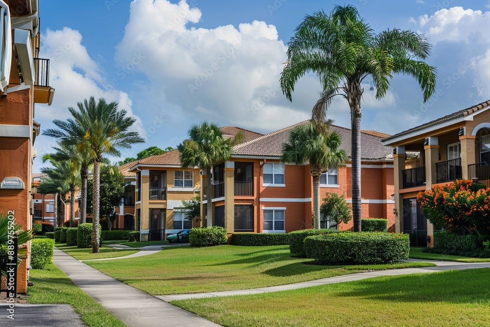 Colorful tropical apartment complex with lush landscaping and palm trees Colorful tropical apartment complex with lush landscaping and palm trees