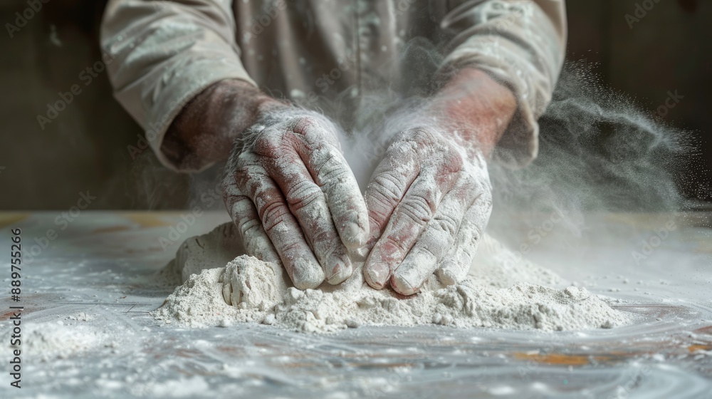 Hands covered in flour kneading dough. Perfect for illustrating the process of making bread or pastries. Hands covered in flour kneading dough. Perfect for illustrating the process of making bread or pastries.