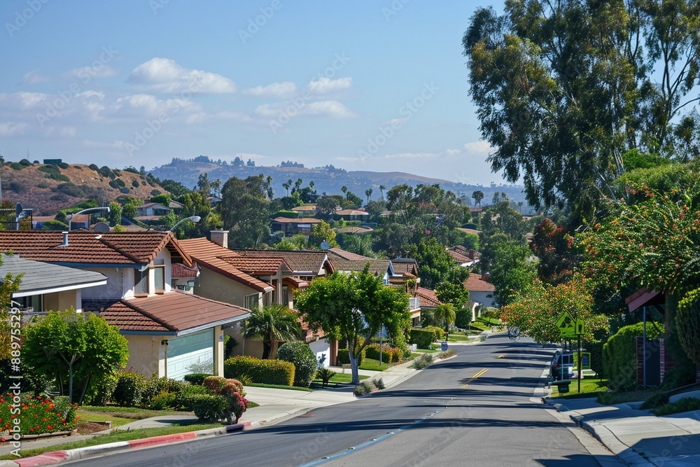Obraz premium Suburban street with colorful houses and distant hills in Southern California