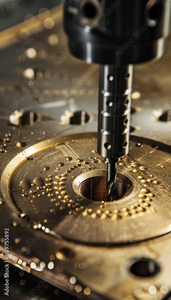 Precision Drilling in Brass Plate with Drill Bit as Metal Shavings Surround the Process Precision Drilling in Brass Plate with Drill Bit as Metal Shavings Surround the Process
