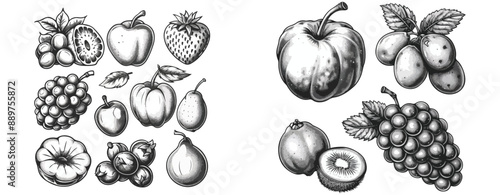 Black and white drawings of various fruits ,collection fruits illustration ,generative ai