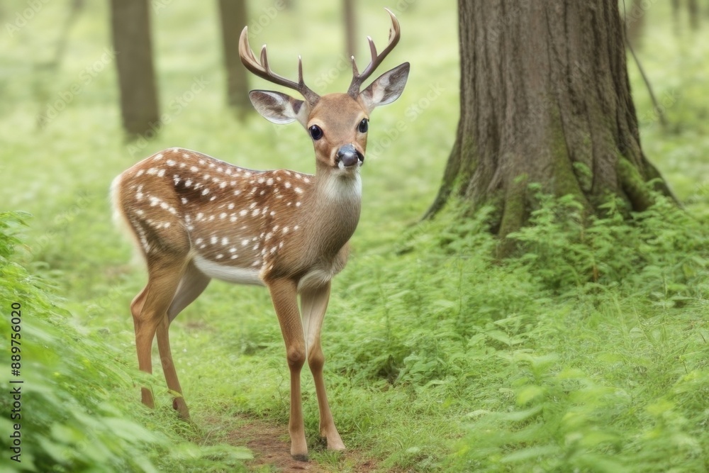 Deer in the forest with green grass and trees Deer in the forest with green grass and trees
