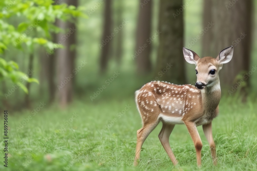 Deer in the forest with green grass and trees Deer in the forest with green grass and trees