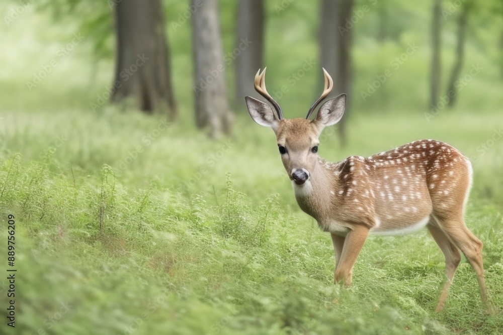 Deer in the forest with green grass and trees Deer in the forest with green grass and trees