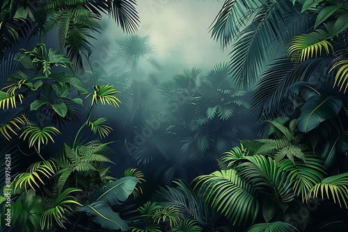3d wallpapaper. Tropical forest, wild jungle. Closeup nature view of green leaf and palms background. Flat lay, dark nature concept, Generative AI © Yash