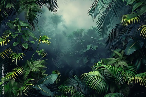 3d wallpapaper. Tropical forest, wild jungle. Closeup nature view of green leaf and palms background. Flat lay, dark nature concept, Generative AI