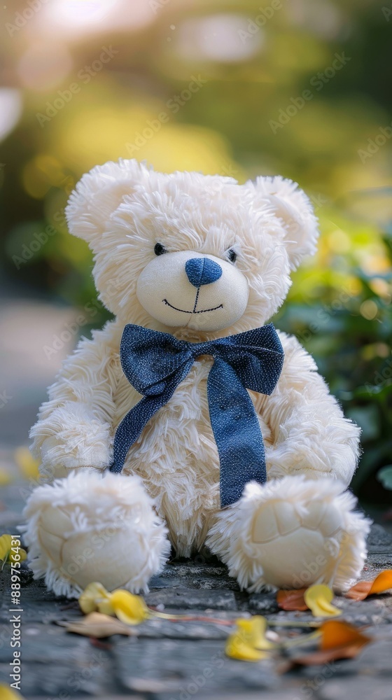 Cute white teddy bear with blue bow tie sitting outdoors surrounded by fallen petals, perfect toy for children Cute white teddy bear with blue bow tie sitting outdoors surrounded by fallen petals, perfect toy for children