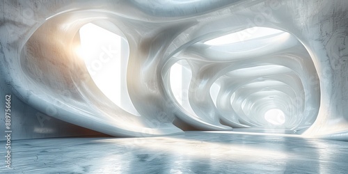 Futuristic white corridor with organic flowing shapes and sunlight