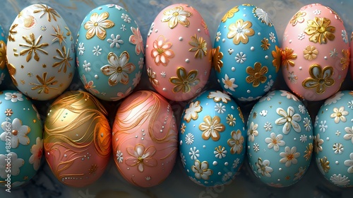 Decorated Easter eggs with floral patterns, ideal for themes related to holidays, celebration, and art. photo