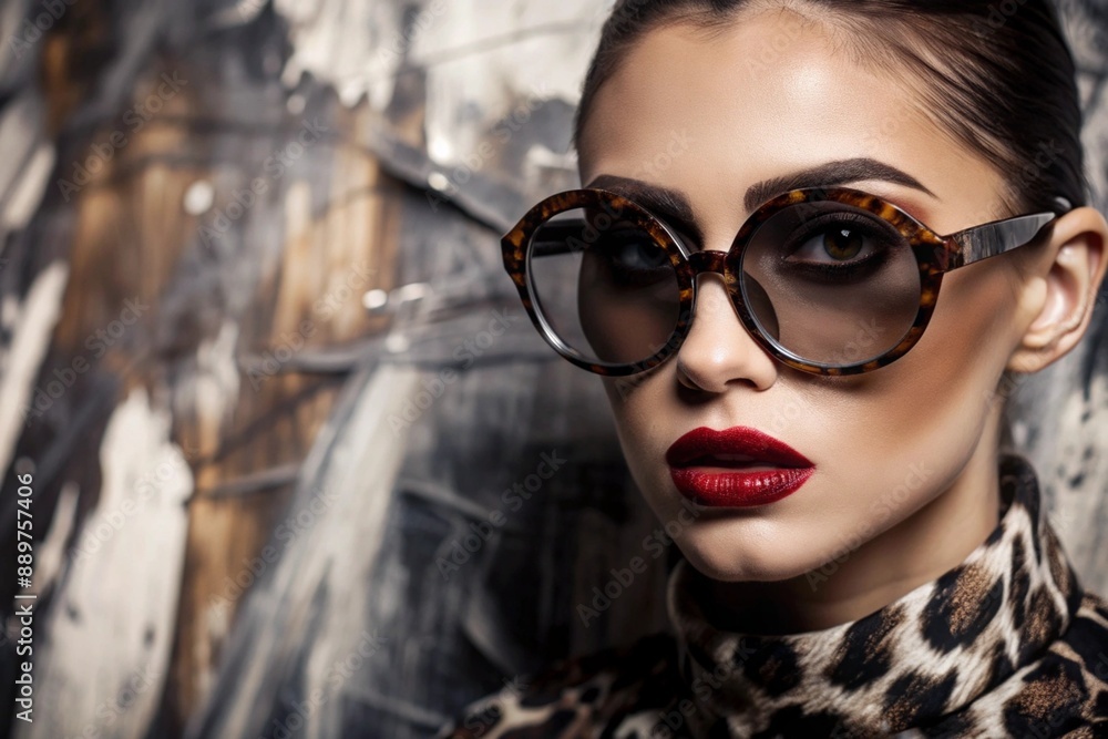 A beautiful girl with round leopard print glasses and red lipstick on her lips. The concept of fashion, style, vivid image, creativity and current trends. A beautiful girl with round leopard print glasses and red lipstick on her lips. The concept of fashion, style, vivid image, creativity and current trends.