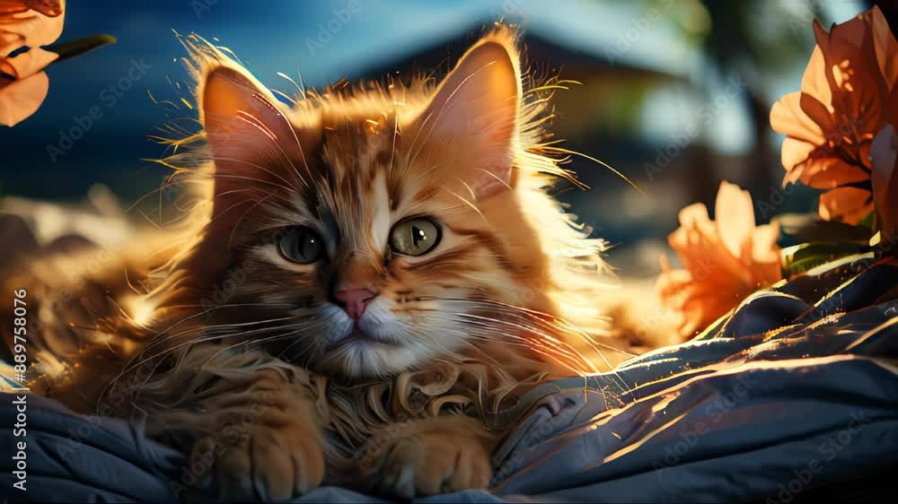 Beautiful fluffy cat lies resting in the sun Beautiful fluffy cat lies resting in the sun