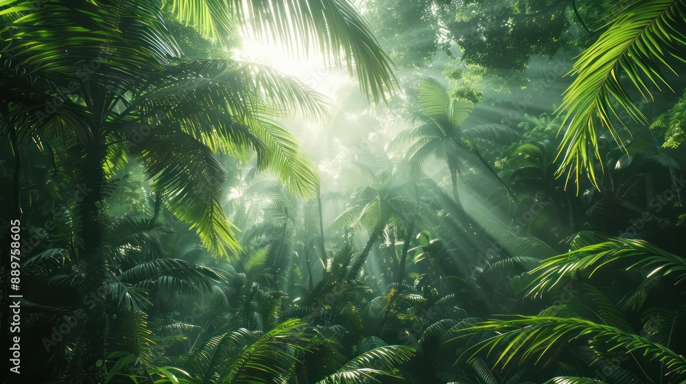 A lush green jungle with sunlight shining through the trees. Concept of peace and tranquility, as well as the beauty of nature A lush green jungle with sunlight shining through the trees. Concept of peace and tranquility, as well as the beauty of nature