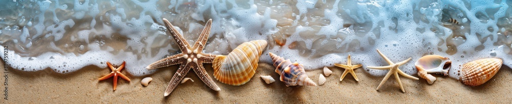 A starfish is laying on the sand next to some shells. Free copy space for banner. A starfish is laying on the sand next to some shells. Free copy space for banner.