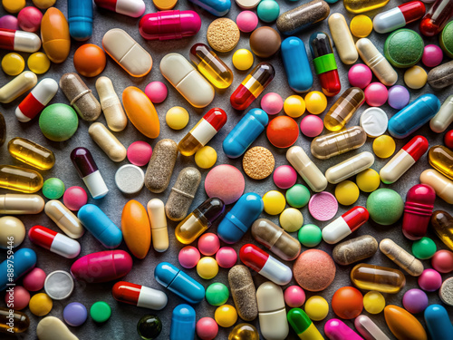 Assorted pills, tablets, and capsules in various shapes, sizes, and colors arranged artfully on a dark background, emphasizing their textures and forms. photo