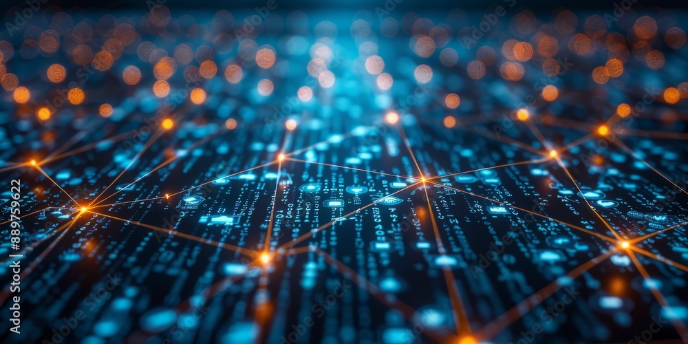 Abstract digital network with glowing blue and orange nodes and connections Abstract digital network with glowing blue and orange nodes and connections