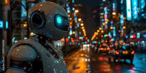 A robot standing in a neon-lit city at night, perfect for themes of artificial intelligence, urban future, and sci-fi.