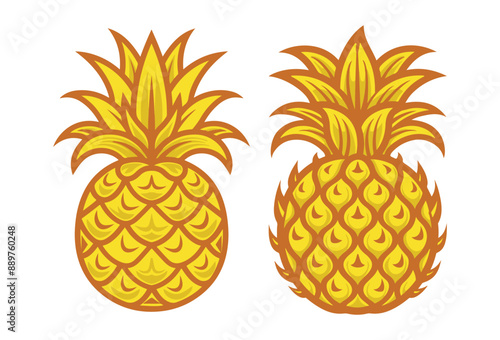 Yellow pineapple with brown outline against white background ,pineaple simple illustration vector ,generative ai