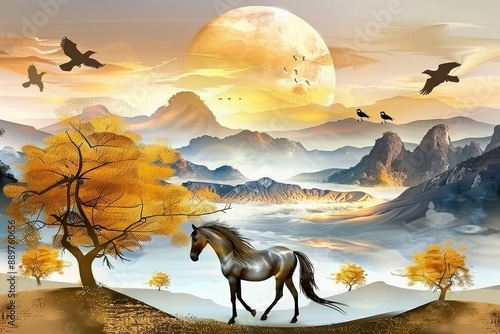 3D mural wallpaper suitable for frame canvas print . horse and golden trees with colored mountains . golden sun and birds with modern background, Generative AI photo