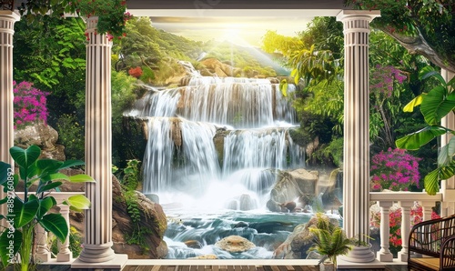 Illustration  photo wallpaper with a view of the waterfall  3d image  Generative AI
