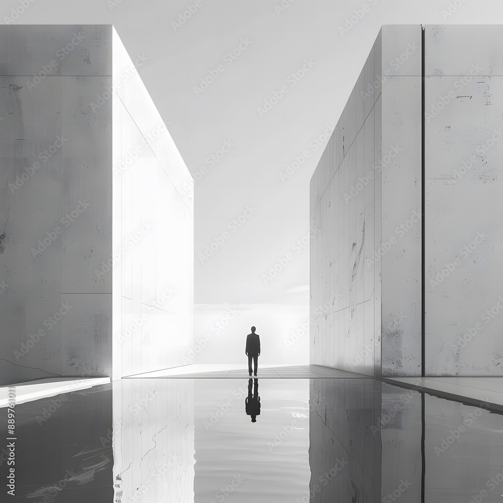 Fototapeta premium Lone Man Between Tall Buildings