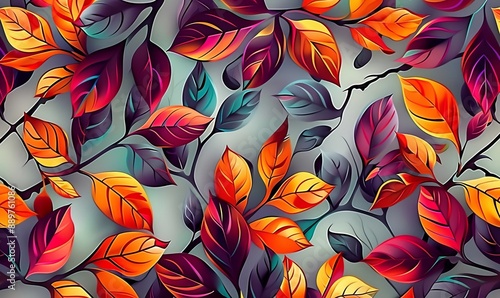 Wall hanging branches seamless pattern leaves fall with bright color flowers illustration background. 3d abstraction wallpaper for interior mural wall, Generative AI
