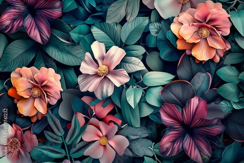 Wallpaper Mural wallpaper with colorful flowers and leaves. 3d interior mural wall art decor wallpaper. Floral plant and  flowers illustration background. Generative AI Torontodigital.ca