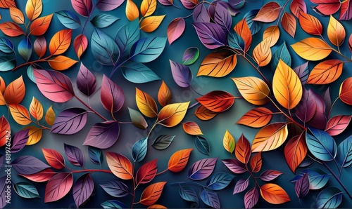 Wall hanging branches seamless pattern leaves fall with bright color flowers illustration background. 3d abstraction wallpaper for interior mural wall, Generative AI