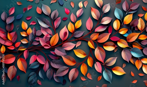Wall hanging branches seamless pattern leaves fall with bright color flowers illustration background. 3d abstraction wallpaper for interior mural wall, Generative AI