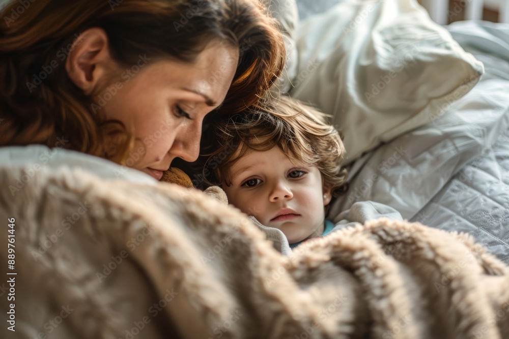 Caring Mother Tending to Sick Children in Bed at Night - Comfort and Love Caring Mother Tending to Sick Children in Bed at Night - Comfort and Love