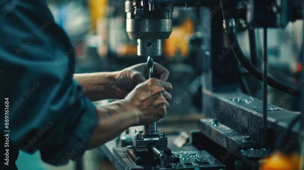 Machinist Precisely Aligning Workpiece on Drill Press in Organized Workshop Environment Machinist Precisely Aligning Workpiece on Drill Press in Organized Workshop Environment
