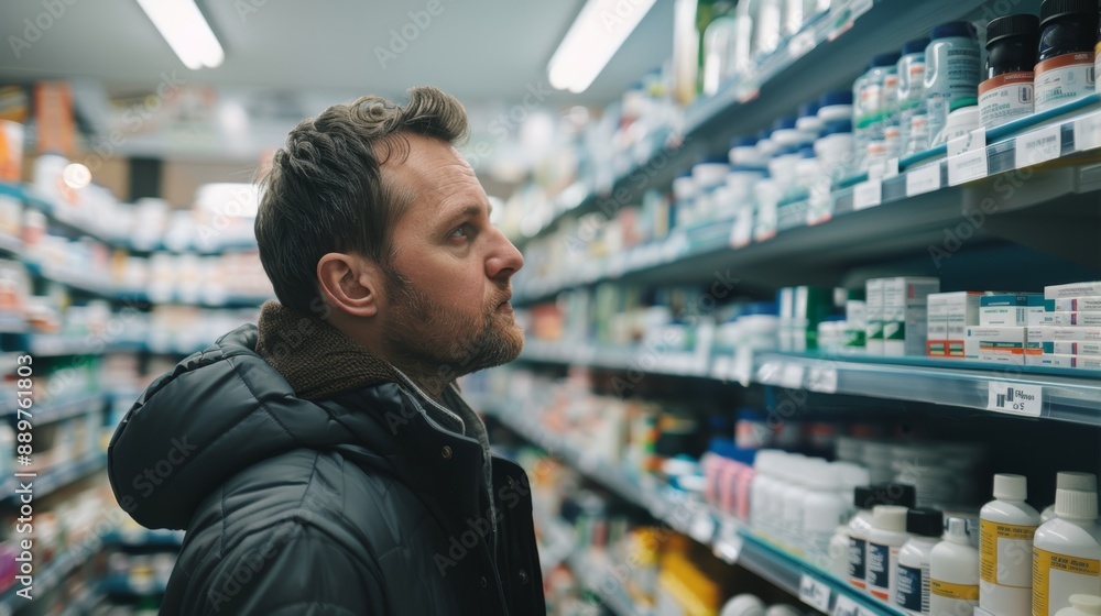 Man Selecting Cold and Flu Medicine in Pharmacy Aisle for Health Care and Wellness Man Selecting Cold and Flu Medicine in Pharmacy Aisle for Health Care and Wellness