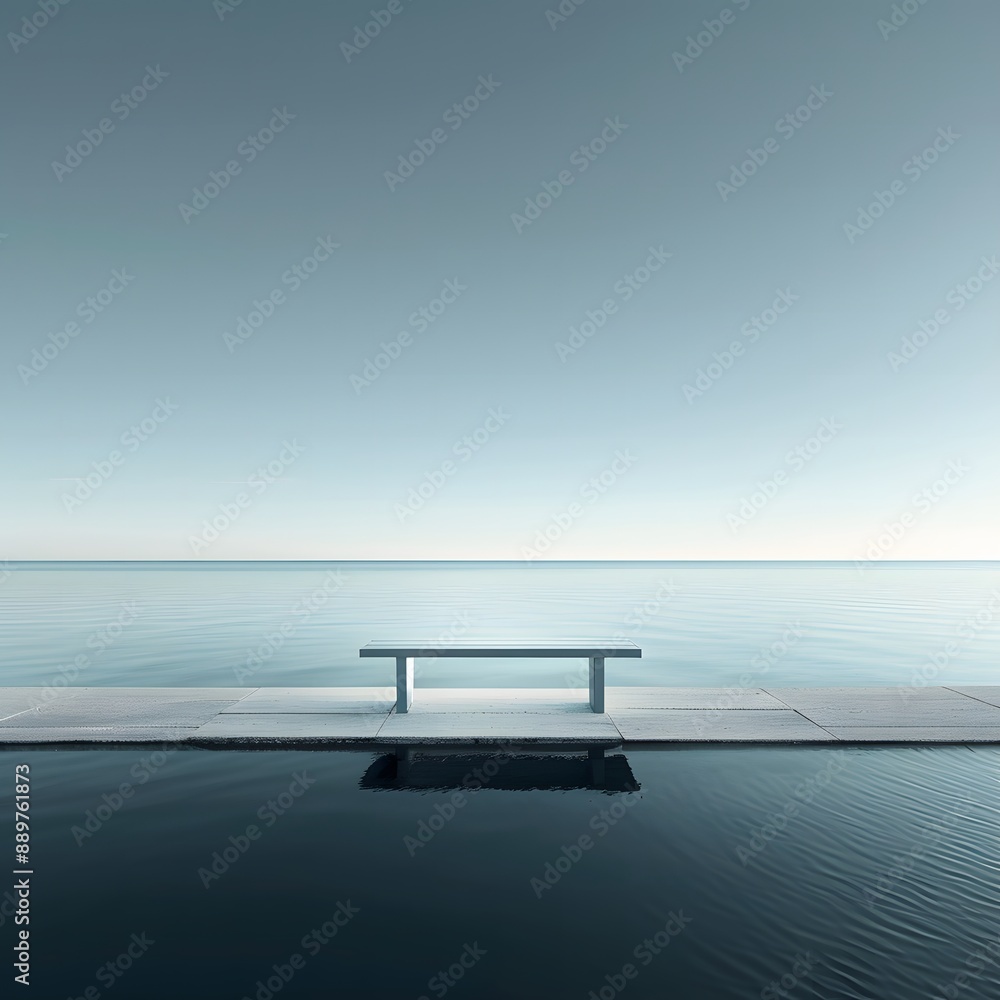 A single bench overlooking a calm and endless ocean under a clear sky. A single bench overlooking a calm and endless ocean under a clear sky.