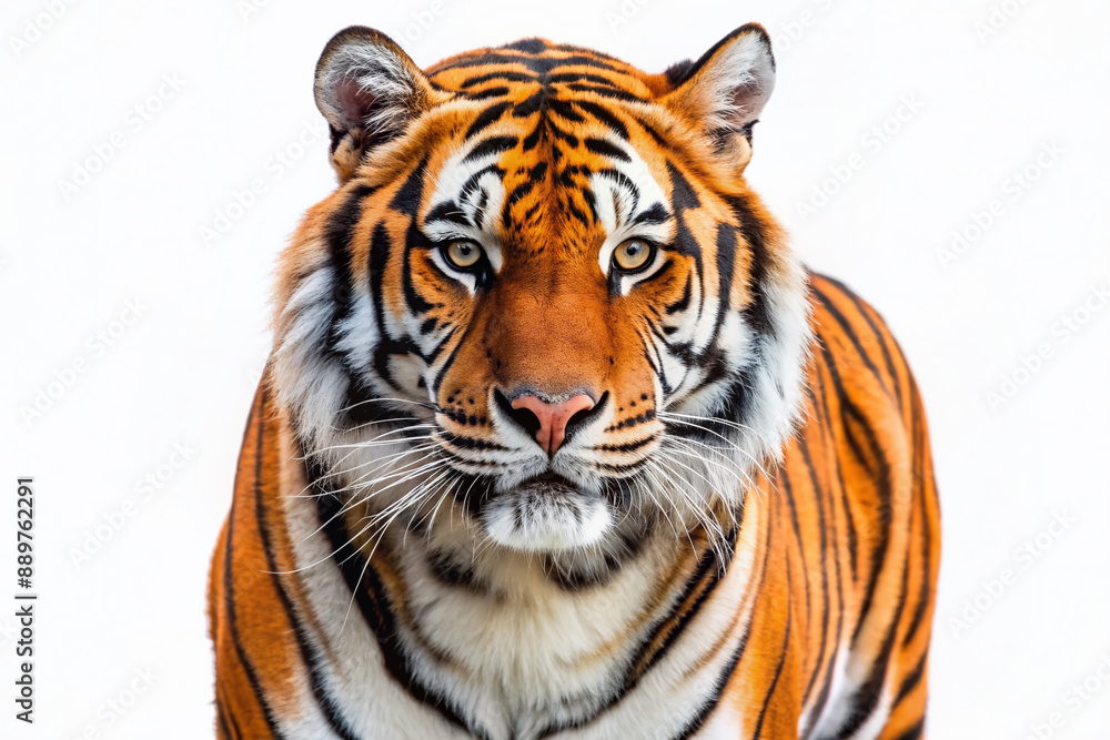 Fototapeta premium Majestic orange and black tiger stands proudly alone on a pure white transparent background, its fierce eyes gleaming with intensity, showcasing its powerful musculature.