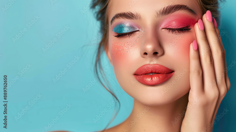 Vibrant Makeup Fun: Close-up of Woman Applying Bold Eyeshadow with Playful Wink, Softly Blurred Background Accentuating Colorful Palette Vibrant Makeup Fun: Close-up of Woman Applying Bold Eyeshadow with Playful Wink, Softly Blurred Background Accentuating Colorful Palette