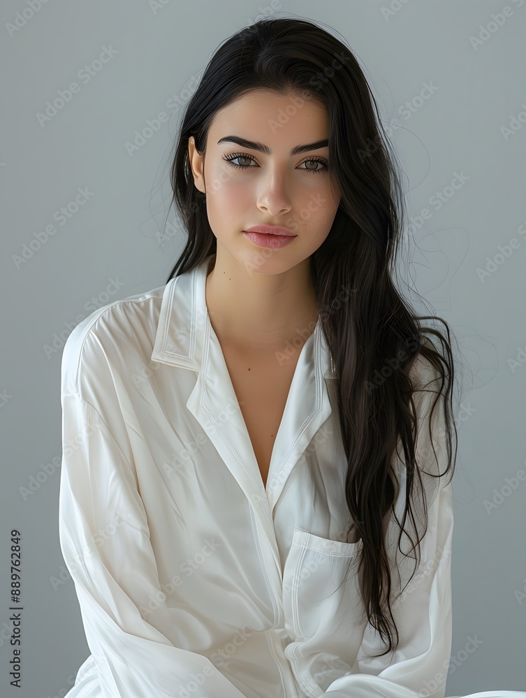 Elegant young Arabic woman in white pajamas with long sleeves and a simple, laid-back style. Elegant young Arabic woman in white pajamas with long sleeves and a simple, laid-back style.