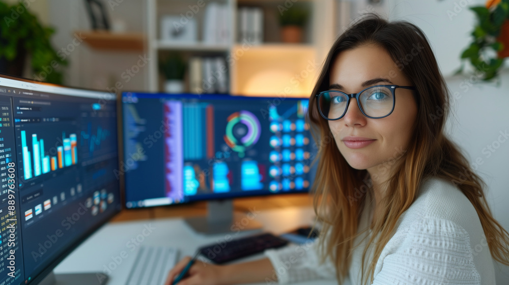 young woman in glasses working on a computer with multiple monitors displaying graphs and data in her home office young woman in glasses working on a computer with multiple monitors displaying graphs and data in her home office