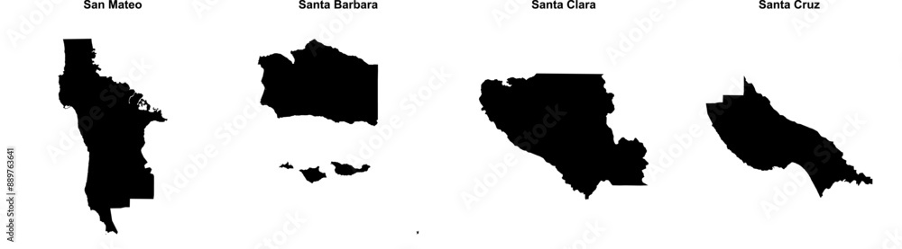 Fototapeta premium San Mateo, Santa Barbara, Santa Clara, Santa Cruz outline maps