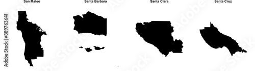 San Mateo, Santa Barbara, Santa Clara, Santa Cruz outline maps