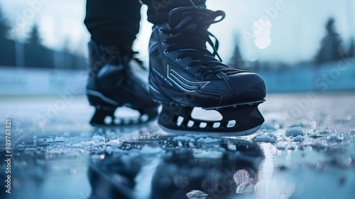 Close-Up Of Ice Skates On Ice During Winter Day