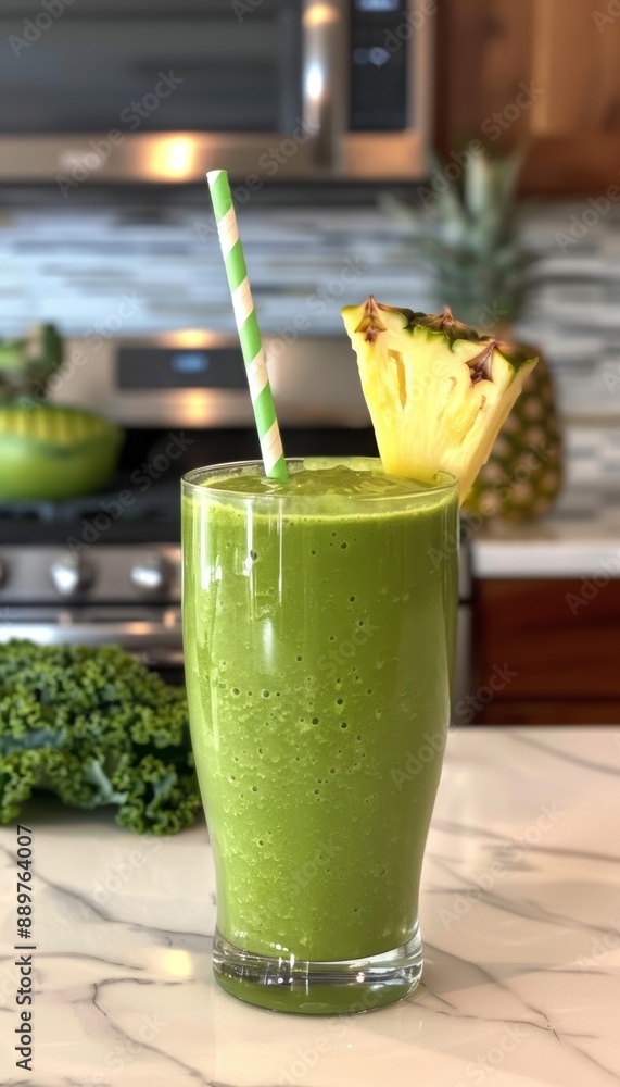 Tropical Green Smoothie with Kale, Pineapple, and Coconut Water on Kitchen Island Background Tropical Green Smoothie with Kale, Pineapple, and Coconut Water on Kitchen Island Background