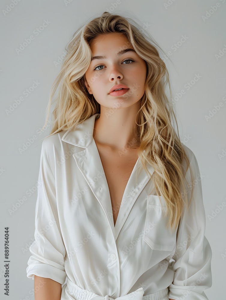Elegant Blonde Woman in White Pajamas with a Simple Background Elegant Blonde Woman in White Pajamas with a Simple Background