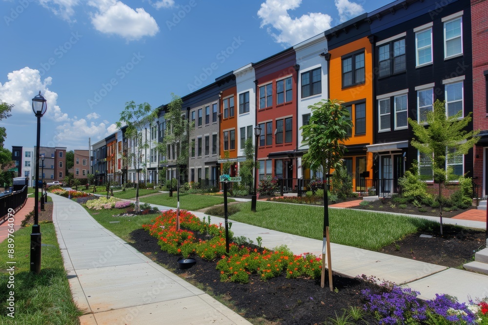 In the summer, a row of colored painted townhouses, houses, and homes with brick patio gardens can be seen. In the summer, a row of colored painted townhouses, houses, and homes with brick patio gardens can be seen.