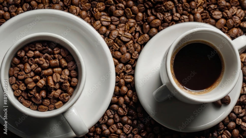 A cup of black coffee with two cigarettes on a saucer, surrounded by coffee beans. Perfect for illustrating coffee and smoking habits. A cup of black coffee with two cigarettes on a saucer, surrounded by coffee beans. Perfect for illustrating coffee and smoking habits.