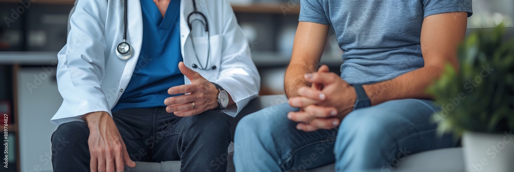 Doctor talking to a patient in a clinical setting, focusing on hands and body language. Concept for healthcare, communication, and consultation Doctor talking to a patient in a clinical setting, focusing on hands and body language. Concept for healthcare, communication, and consultation