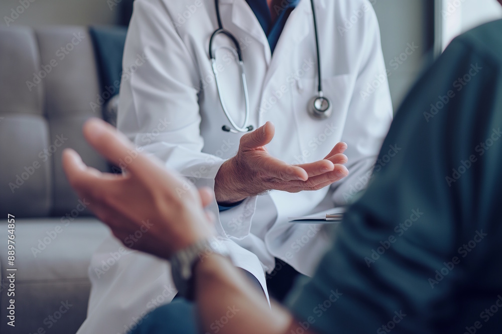 Doctor and patient in conversation with focus on hand gestures. Concept for healthcare, communication, and medical consultation Doctor and patient in conversation with focus on hand gestures. Concept for healthcare, communication, and medical consultation