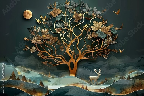 Abstract modern and creative 3d interior mural wall art wallpaper with moon and Dark Blue Mountains. 3D Abstraction Wallpaper for Home Wall. Generative AI